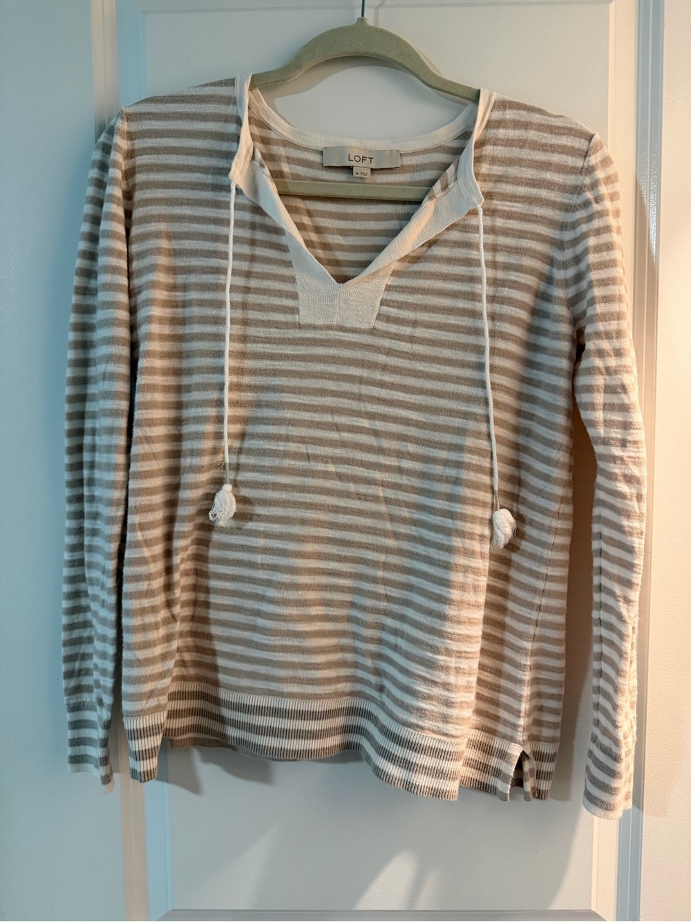 LOFT Beige and White Striped V-Neck Hooded Sweater